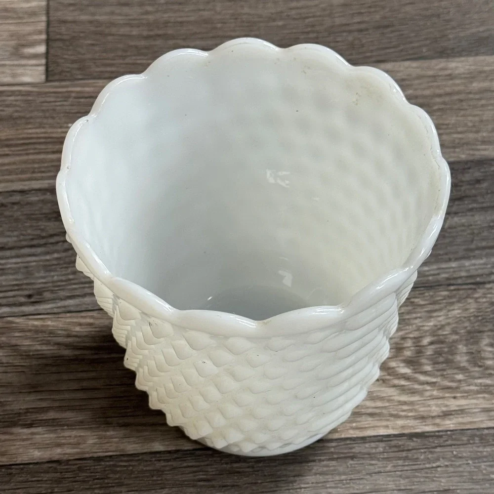 Fire-King Planter White Milk Glass Hobnail Basketweave Scalloped Rim Vintage
